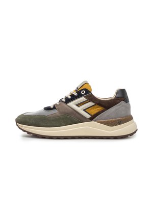 Lässiger Sneaker mit grünen, grauen, schwarzen und senffarbenen Stoffeinsätzen, weißen Schnürsenkeln, dicker beiger Sohle und strukturierter brauner Außensohle.