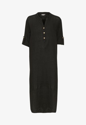 Fekete vászonruha mandzsetta gallérral, rövid felgördített ujjakkal és három gombos elülső záródással. A-szív alakú, térd fölötti hosszal.