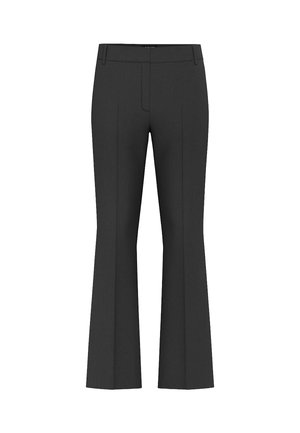 Pantaloni a zampa neri realizzati in tessuto morbido, con vita a media altezza, frontale plissettato e un taglio sartoriale che si estende fino all'orlo.