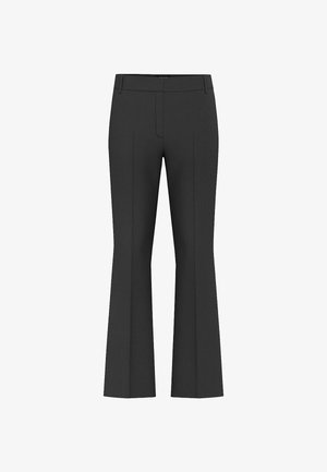 Pantaloni a zampa neri realizzati in tessuto morbido, con vita a media altezza, frontale plissettato e un taglio sartoriale che si estende fino all'orlo.