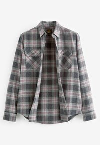 Cămașă din flanel gri cu carouri, cu accente roșii și negre, mâneci lungi, două buzunare pe piept și închidere cu nasturi. Textură moale cu tiv rotunjit.
