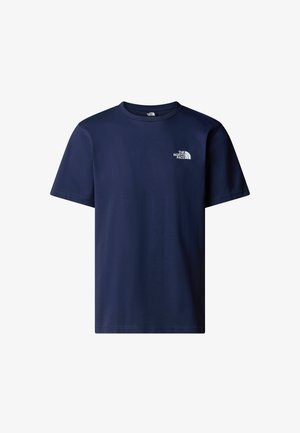 Dunkelblaues T-Shirt mit kurzen Ärmeln aus glattem Stoff. Es hat ein kleines weißes Logo auf der Brust. Klassischer Rundhalsausschnitt und lässige Passform.