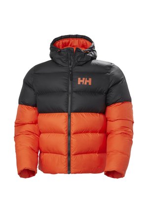 Puffer jacket in black and orange, hooded, made of shiny fabric, featuring a zip closure and logo on the chest. Textured, quilted design.