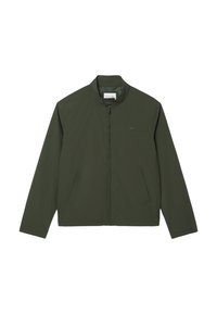 Giacca leggera verde con chiusura a zip, colletto alto e due tasche laterali. Tessuto liscio con un design minimalista.