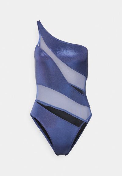 One-shoulder swimsuit featuring layered shades of blue, with sheer panels and a solid black accent. Crafted from smooth, stretchy fabric.
