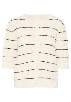 Strikket cardigan i kridtsort med sorte vandrette striber, korte ærmer, rund hals og knaplukning foran. Blød tekstur, afslappet design.