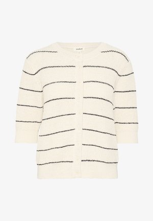 Gestrickter Cardigan in Creme mit schwarzen horizontalen Streifen, kurzen Ärmeln, Rundhalsausschnitt und Knopfverschluss vorne. Weiche Textur, lässiges Design.