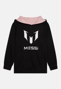 Hoodie nera con un cappuccio interno rosa, dotata di un grande logo bianco di Messi sul davanti. Realizzata in tessuto morbido, con polsini e orlo a costine.