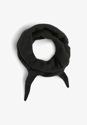 Juodas megztas šalikas su kilpos dizainu, švelni tekstūra ir siaurėjantys galai, skirti surišti. Tinka įvairiems stiliaus variantams.