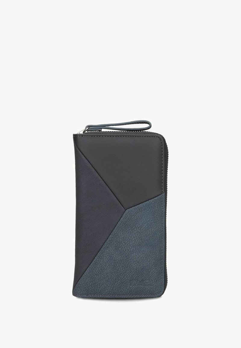 Navy and dark blue leather wallet with a geometric design, featuring a zip closure and a wrist strap for easy carrying. Textured surfaces.