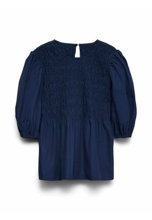 Mornaricna plava bluzica s naboranim tijelom, rukavima do tri četvrtine, skupljenim manžetama i malim gumbom na izrezu na stražnjem dijelu vrata.