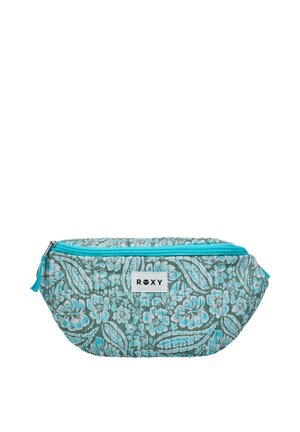 Sac banane matelassé à motifs floraux turquoise et gris avec une fermeture éclair bleue et une étiquette blanche portant l'inscription "ROXY" sur le devant.