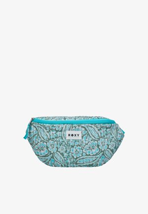 Türkis-graue Hüfttasche mit Blumendruck und Steppnähten, blauer Reißverschluss und weißes Etikett mit der Aufschrift "ROXY" auf der Vorderseite.