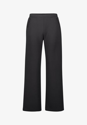 Czarne spodnie o szerokich nogawkach wykonane z miękkiego materiału, z bocznymi kieszeniami ozdobionymi małymi ćwiekami dla dodatkowego efektu.