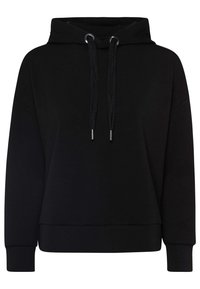 Zwarte hoodie met een trekkoordcapuchon, zilveren ogen, lange mouwen en geribde manchetten. Gemaakt van zachte stof en heeft een ontspannen pasvorm.