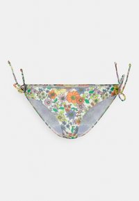 Parte de baixo de biquíni floral com padrões de flores multicoloridas, tecido semi-translúcido e laços laterais ajustáveis. Design leve e ajustado ao corpo.