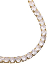 Goldfarbene Halskette mit runden, klaren Kristallen, die in Krappen gefasst sind, angeordnet in einer durchgehenden Kette mit einer glatten, polierten Oberfläche.