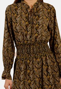 Abito marrone con motivo paisley, dotato di vita arricciata, maniche lunghe e scollatura alta. Il tessuto ha una consistenza morbida e dettagli di design intricati.