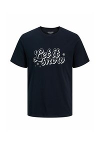 Navyblauwe katoenen T-shirt met "Let it snow" in witte cursieve tekst, versierd met kleine sneeuwvlokontwerpen. Korte mouwen, ronde hals.