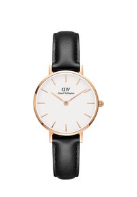 Black leather strap watch with gold-tone casing, white dial, and minimalistic design. Features rose gold hands and hour markers.