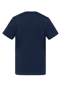Camiseta de manga corta azul marino, con cuello redondo, material de algodón, textura suave, sin gráficos ni patrones visibles en la parte posterior.