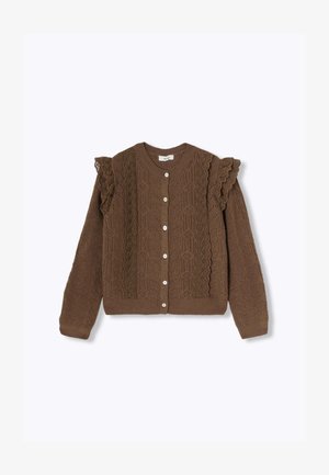 Cardigan en tricot marron avec une texture à motif, présentant des accents froncés sur les épaules et une fermeture à boutons sur le devant. Matériau doux et chaud.