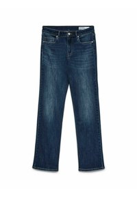 Tumed sinised teksapüksid sirge säärega, viie tasku ja valge õmblustega. Varustatud nööpimise ja vööaasadega.