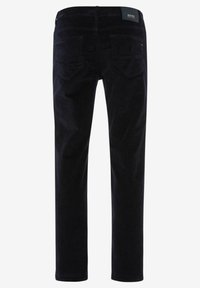 Navy corduroybyxor i rak passform, med två bakfickor och en märkesskylt på midjan. Texturen har vertikala ribbdetaljer.