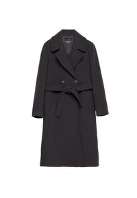 Manteau en laine gris foncé avec un design à double boutonnage, col à revers et ceinture à nouer. Il possède deux poches avant et une texture lisse.