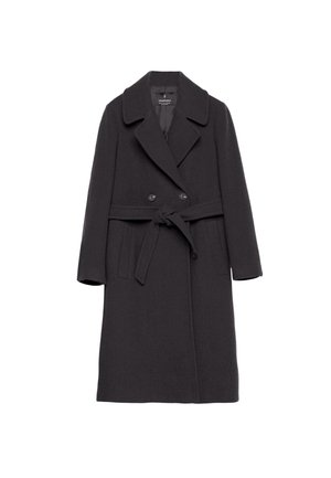 Temno siva volnena plašča z dvojnim zapiranjem, s klasičnim ovratnikom in pasom za vezanje. Ima dva sprednja žepa in gladko teksturo.