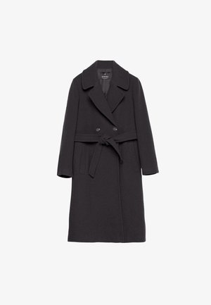 Tummanharmaa villakangastakki, jossa on kaksoisnapitus, viilto-olkaiminen kaulus ja solmittava vyö. Takissa on kaksi etutaskua ja sileä pinta.