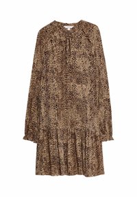 Brązowa sukienka w zwierzęcy wzór z długimi rękawami, okrągłym dekoltem i warstwowym dołem. Wykonana z miękkiego materiału o delikatnej fakturze.