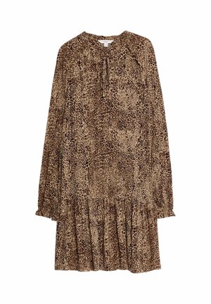 Hnědé šaty s leopardím potiskem, dlouhými rukávy, kulatým výstřihem a vrstveným lemem. Vyrobené z měkké tkaniny s jemnou strukturou.