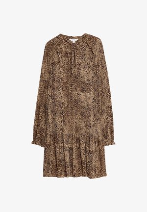 Braun gepunktetes Kleid mit langen Ärmeln, Rundhalsausschnitt und gestuftem Saum. Hergestellt aus weichem Stoff mit subtiler Textur.