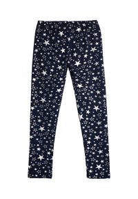 Leggings de color azul marino con un patrón de estrellas plateadas por toda la prenda, cinturilla elástica, material de algodón suave, diseño ajustado y sin herrajes visibles.