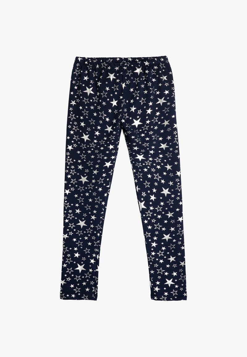 Leggings marine avec un motif étoilé argenté sur toute la surface, taille élastique, matériau en coton doux, design ajusté et sans matériel visible.
