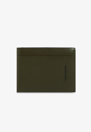 Portefeuille en cuir vert foncé avec un design simple, fente horizontale pour cartes et nom de la marque embossé sur le côté droit.