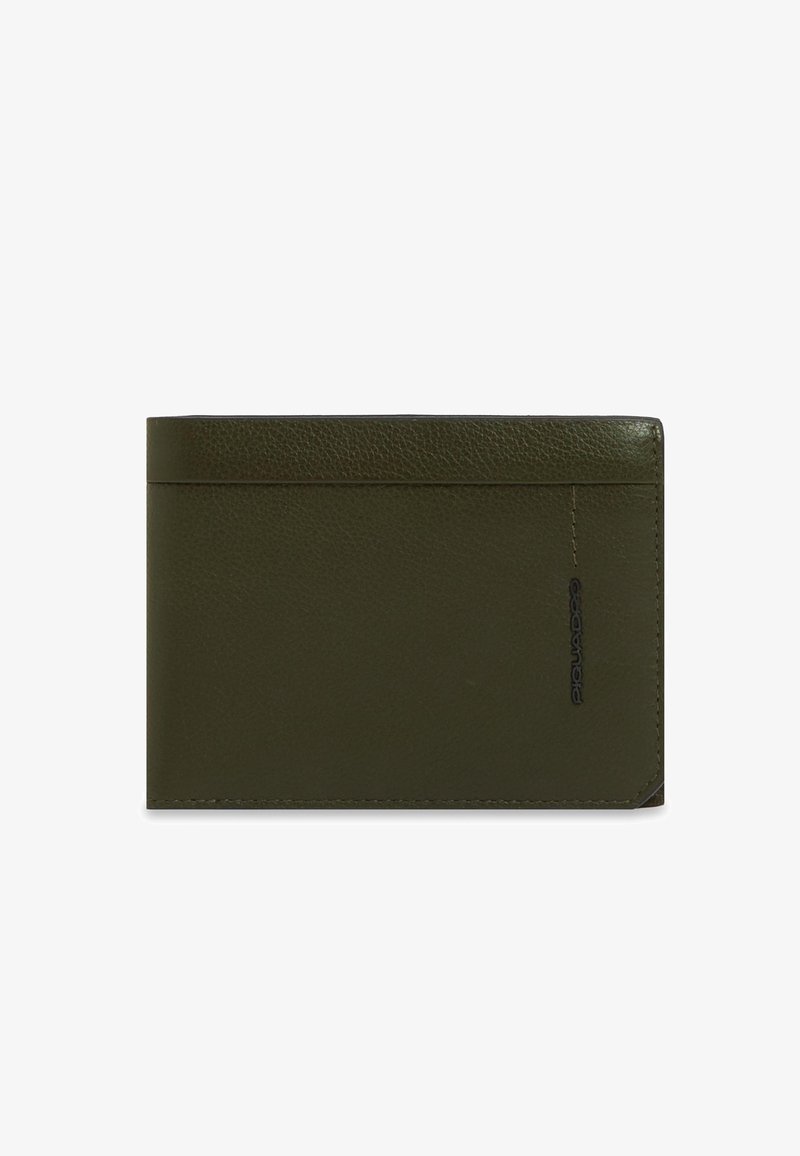 Portefeuille en cuir vert foncé avec un design simple, fente horizontale pour cartes et nom de la marque embossé sur le côté droit.