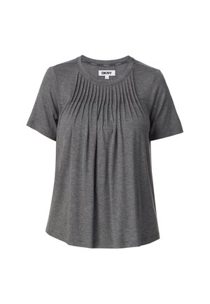 Dark gray short-sleeve blouse with round neckline and vertical pleats along the chest, labeled DKNY, size small.
