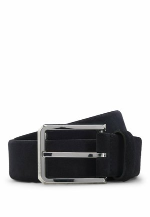 Black suede belt with a silver rectangular metal buckle. The belt features a smooth texture and stitched edges for durability.