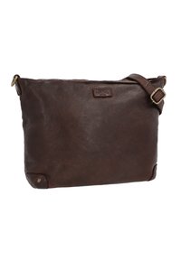 Brown leather shoulder bag with a textured finish, adjustable strap, and metallic hardware. Features a subtle embossed logo on the front.