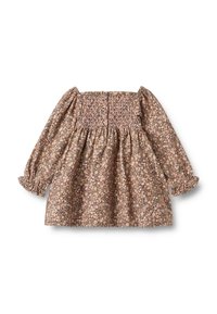 Blumenmusterkleid in Rosatönen und Brauntönen, mit gerafftem Oberteil, langen Puffärmeln und rüschierten Bündchen. Knopfverschluss im Rücken.