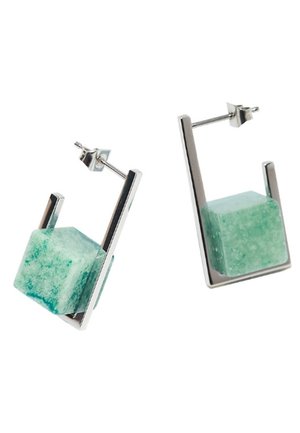 Silver stud earrings with green hexagonal stone encased in an open rectangular frame, designed for pierced ears.