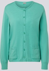 Türkiser Cardigan mit rundem Ausschnitt, langen Ärmeln, Knopfverschluss und zwei vorderen Taschen; aus einem weichen, strukturierten Strickstoff gefertigt.