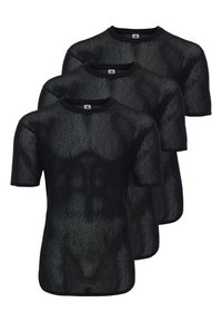 Sorte mesh kortærmede skjorter i en tre-pakning, med rund halsudskæring og et åndbart, tekstureret stof med åben vævning.