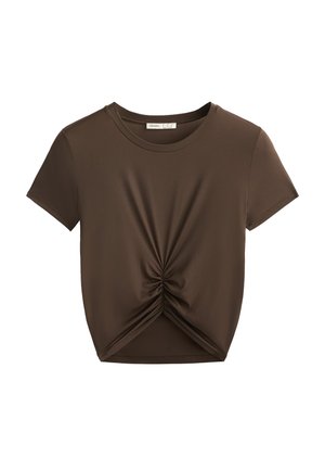 T-shirt marrone a maniche corte con un dettaglio annodato raccoglitore all'orlo inferiore anteriore. Realizzato in tessuto morbido, presenta un classico scollo a girocollo.
