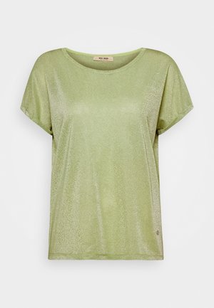Top metálico de manga corta color verde claro para mujer, con cuello redondo y ajuste holgado, etiqueta de marca en el interior del cuello.