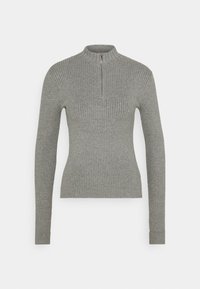 Grauer gerippter Langarmpullover mit hohem Kragen und kurzem Reißverschluss. Aus strukturiertem Strickmaterial gefertigt. Figurbetonte Silhouette.