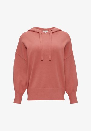 Rosa Kapuzenpullover aus weichem Strickmaterial, entspannte Passform, überschnittene Schultern, lange Ärmel mit gerippten Bündchen und Kordelzug am Hals.