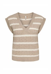 Beige neuleliivi, jossa on V-pääntie, lyhyet hihansuut ja valkoiset vaakaraitat. Sisältää tekstuurillisen palmikkokuvion ja resoripohjan.